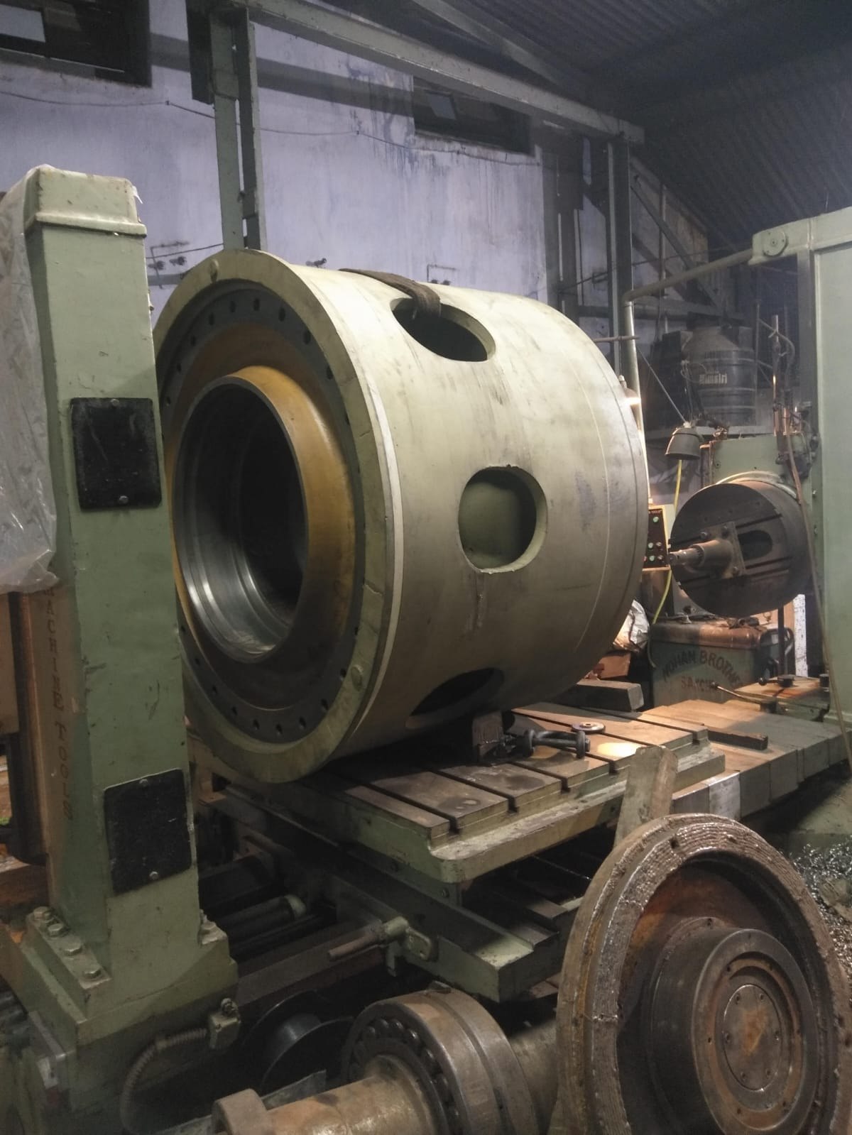 Large industrial drum on boring machine